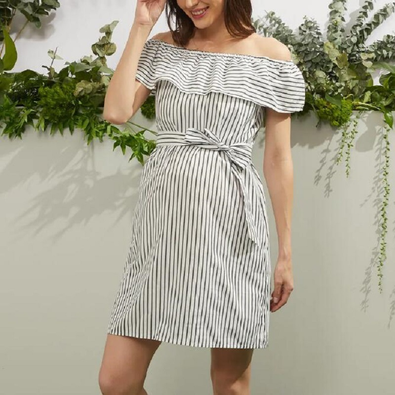 2024 novo modelo com listras de cinto naturais, gola de uma linha, vestido de maternidade para mulheres_voghion.com