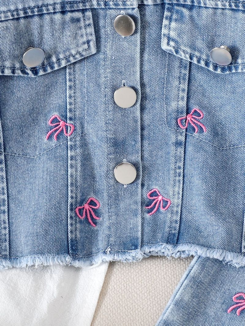 Completo giacca e pantaloni in denim per bambine – Ricamo vintage e fiocco (3-8 anni, 100-140 cm)_voghion.com