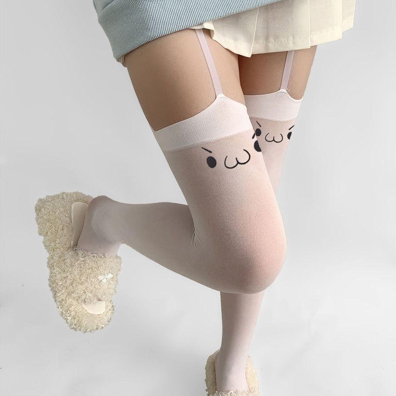 2D Expression Suspender High Tube White Silk Emoji Cute Print Subculture Over-the-Knee Thigh Socks Pure Desire_voghion.com