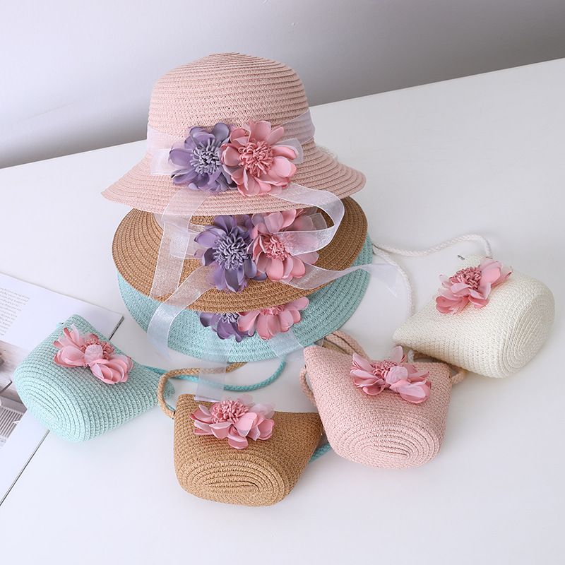 Neue Sommerkinderstroh-Eltern-Kind-kleine Umhängetasche Set Mädchen Baby Blume Fischertopf Big Eaf Sonnenblende Hut_voghion.com