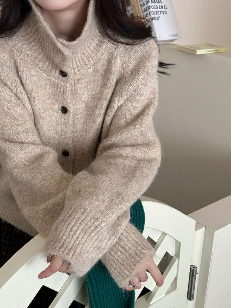 Lässiger Cardigan mit hohem Kragen und Holzknöpfen für Damen, beidseitig tragbar, weich und vielseitig._voghion.com