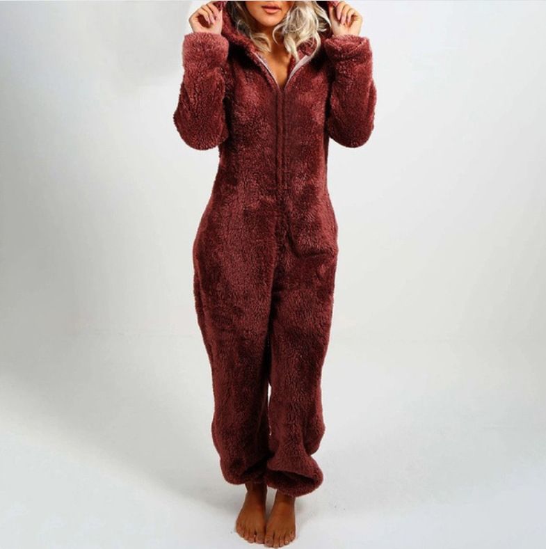 Women's Autumn And Winter Fleece Thickened Fluffy Jumpsuit Home Hooded Bear Pajamas_voghion.com
