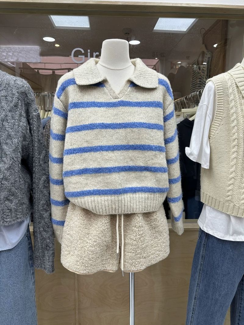 Pull en tricot à col polo rayé style coréen pour femme - Pull doux et confortable à col en V pour l'automne, coupe ample et décontractée_voghion.com