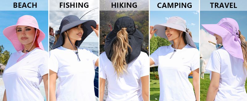 Cappello da pescatore a tesa larga con protezione UV da donna, con foro per coda di cavallo, per spiaggia, escursionismo e campeggio_voghion.com