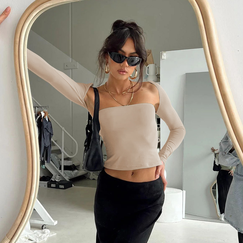 Sexy T-skjorte med tubetopp og langermet tettsittende bluse til dame, todelt sett med topper_voghion.com