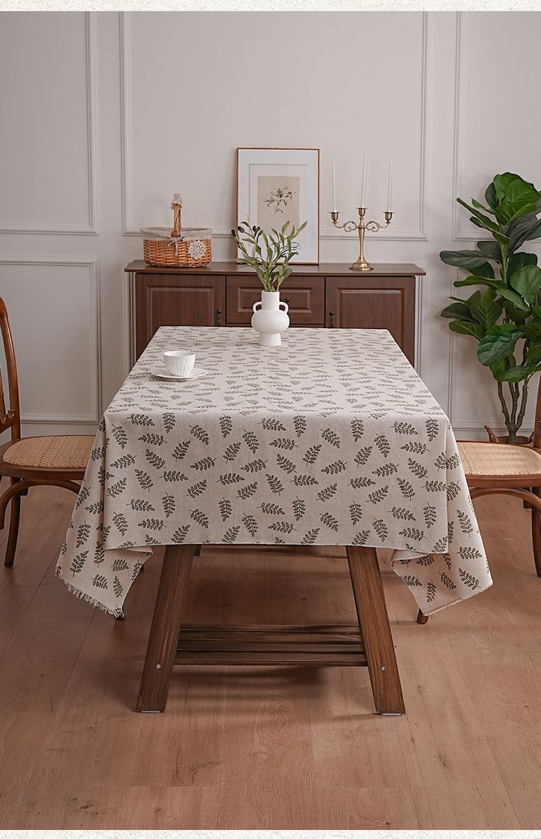 Cotton-Polyester Tablecloth With Willow Leaf Pattern - Rustic Farmhouse Rectangular Table Cover For Dining & Study (Dustproof, Decorative)_voghion.com
