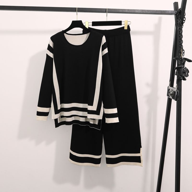 Damenbekleidung, modisch, schlicht, mit lockeren, langärmeligen Oberteilen, hoher Taille, schmale Hose mit weitem Bein, gestrickter zweiteiliger Anzug_voghion.com