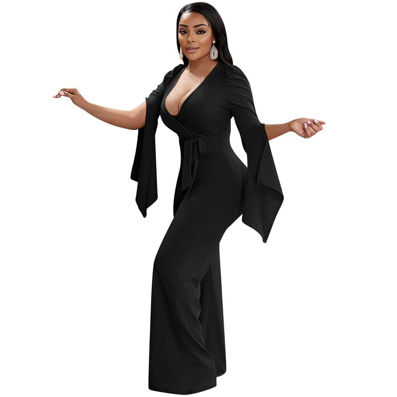 Dametøj nyt produkt ensfarvet sexet dyb V-rem plisseret brede ærmer lange bukser jumpsuit til kvinder_voghion.com