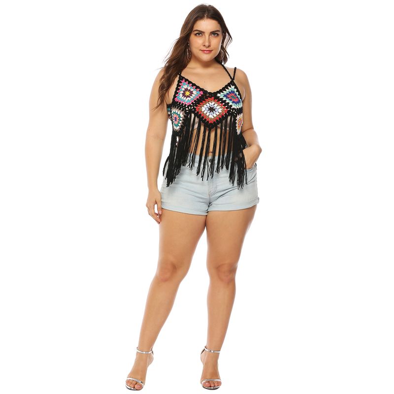 Plus size women's ethnic style random color contrast color long fringed patchwork camisole shirt strappy bikini top_voghion.com
