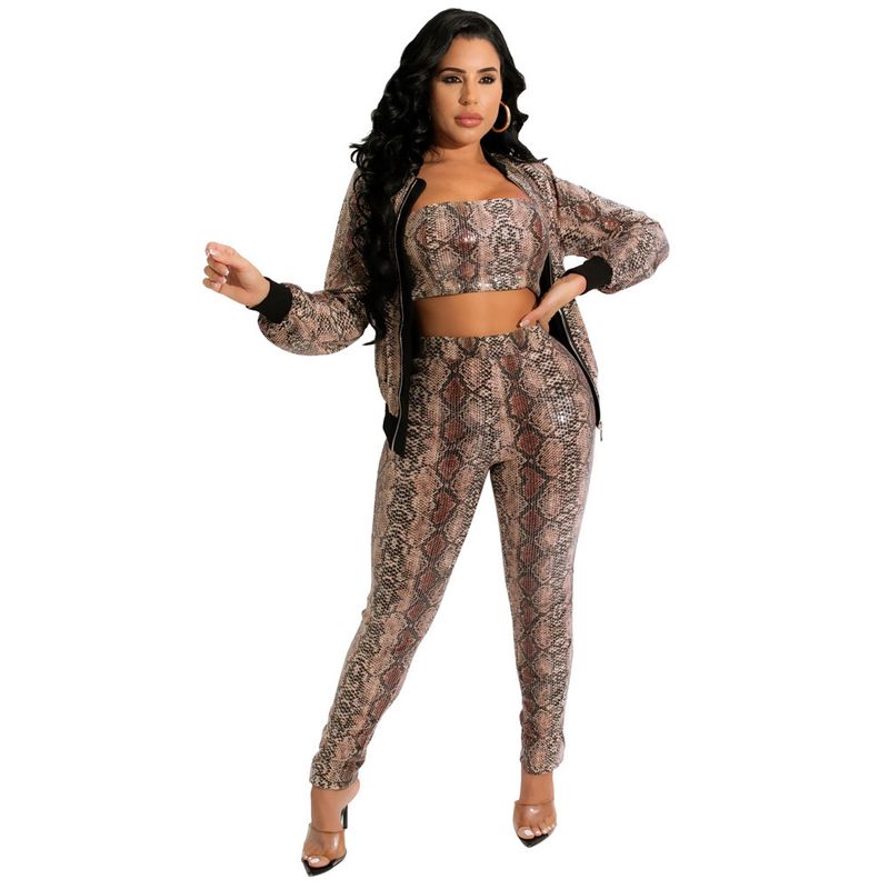 Women's Snake Print Sleeve Zipper Cardigan Jacket Long Pants Tube Top Three-Piece Set_voghion.com