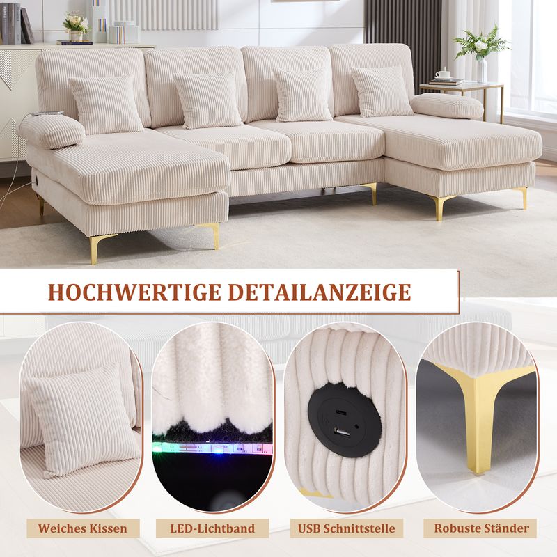 Canapé moderne en U avec éclairage d'ambiance LED, port USB-C, structure en bois massif, 4 coussins luxueux, dossier ergonomique haut de gamme, beige pour un confort optimal._voghion.com
