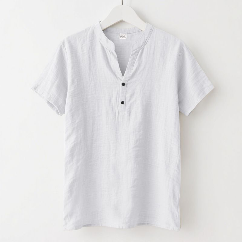 Herrenbekleidung Außenhandel Herren Casual Loose Shirt Herren Trendy Stehkragen Leinen Kurzarm Einfarbiges Hemd Große Herrenbekleidung_voghion.com