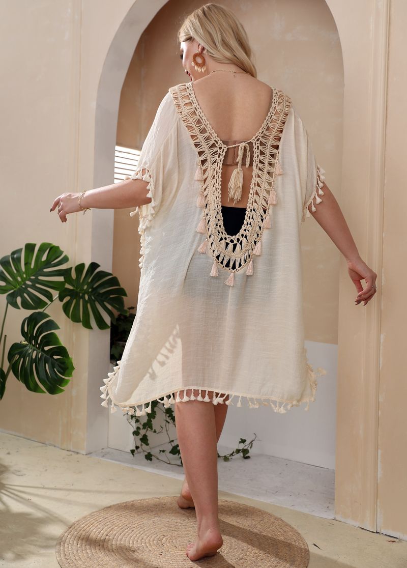Übergröße Damenkleid mit handgehakter Patchwork-Optik, sexy, offener Rücken, Quaste, geteilt, lockere Strandbluse_voghion.com