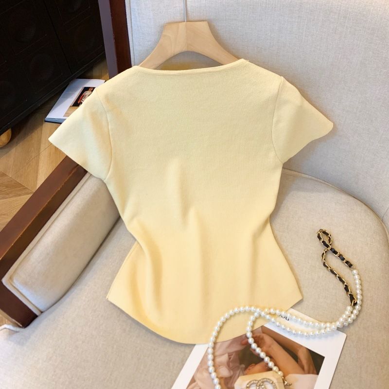 Maglietta a maniche corte in maglia con scollo a V, da donna, Real Shot_voghion.com