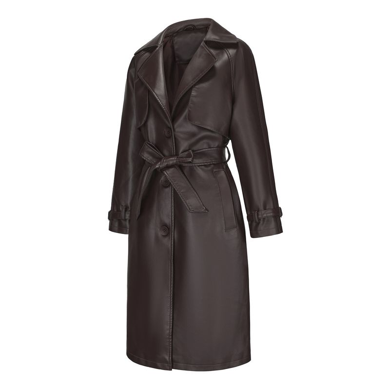 Trench lungo e largo in PU, classico oversize, con colletto rovesciato, da donna, in pelle, primavera e autunno_voghion.com