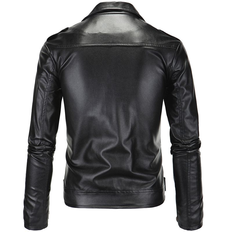 Giacca casual da uomo slim fit in pelle PU tinta unita con cerniera diagonale, cintura regolabile, antivento, per l'uso quotidiano_voghion.com