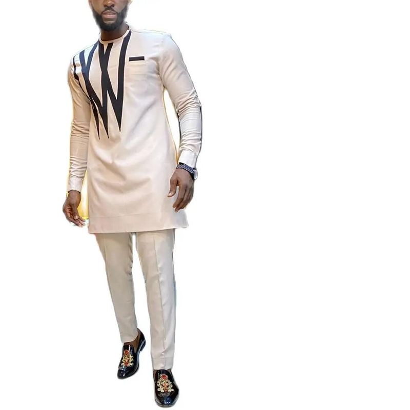 Kaftan Elegant Afrikansk Sett 2-delt Antrekk Langermede Etniske Topper og Bukser Full Herredress Bryllup Herreklær_voghion.com