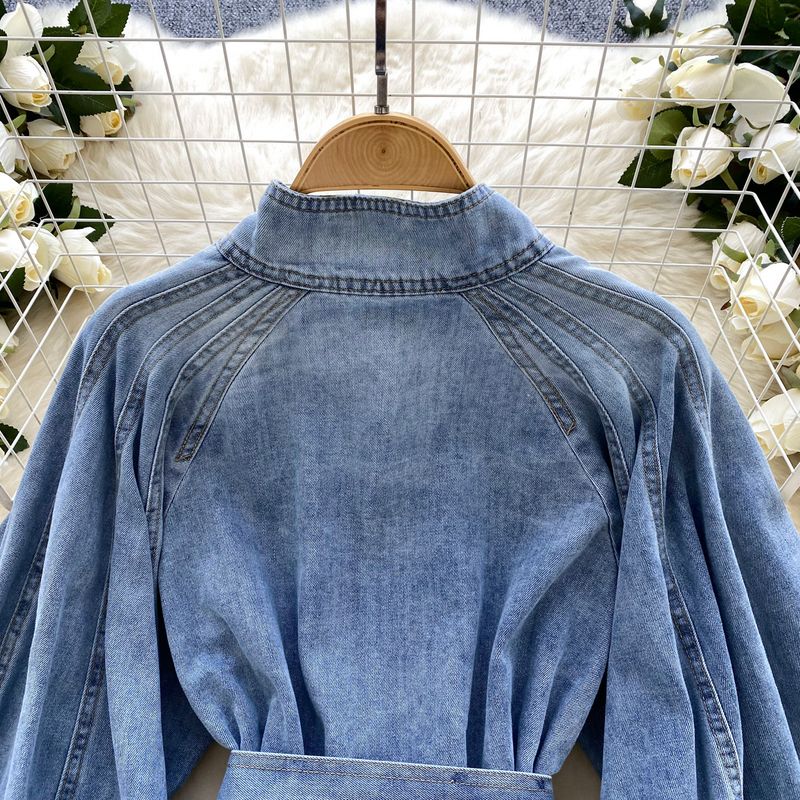 Dameskleding Retro Taille Stand Kraag Lantaarn Mouw Lange Mouw High End Sense All Match Slim Denim Shirt_voghion.com