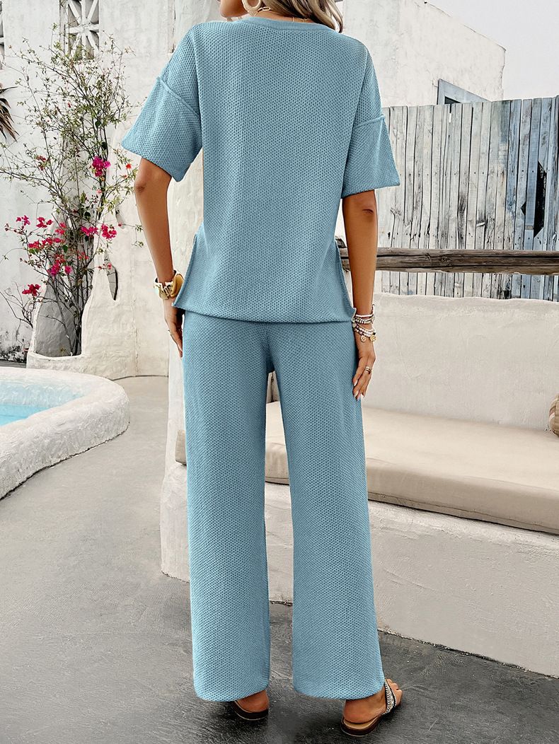 Women's Clothing Spring And Summer Temperament Leisure Solid Color Knitted Short Sleeved Trousers Suit_voghion.com