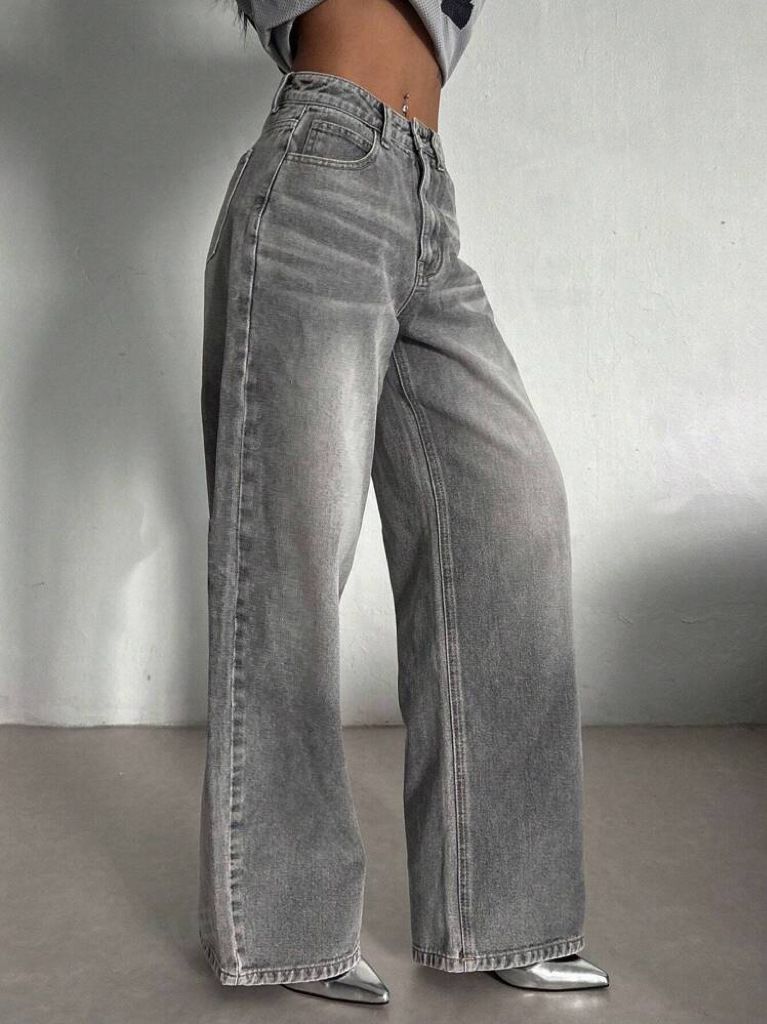 Dameskleding Street Retro Smoky Grey Washed Wide Leg Jeans Herfst en Winter Hoge Taille Losse Wijde Pijpen Mopping Broek_voghion.com