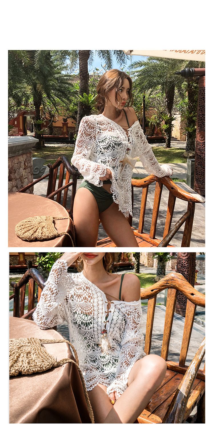 Dünne Bikinibluse für den Urlaub am Meer, Badeanzug mit langen Ärmeln, mittellang, Sonnenschutz für den Strand_voghion.com