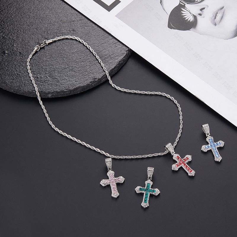 Colored diamond cross hip hop necklace men's trendy street personality net red pendant disco sweater chain accessories batch_voghion.com