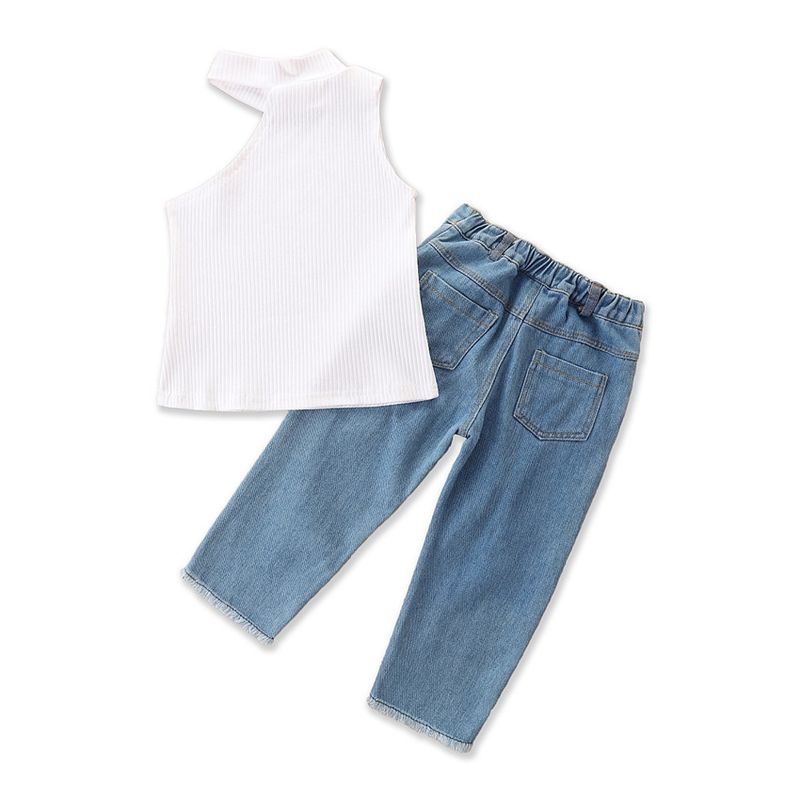 Småjenteklær Fasjonable jentedresser Nye sommerklær Jentekjoler med bare skuldre Ripped Jeans Dress med to deler_voghion.com