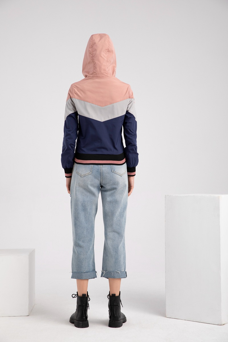 Lichtgewicht trenchcoat voor dames, lente- en herfstjas met capuchon, outdoorregenjas, kleurblok, trekkoordjas_voghion.com