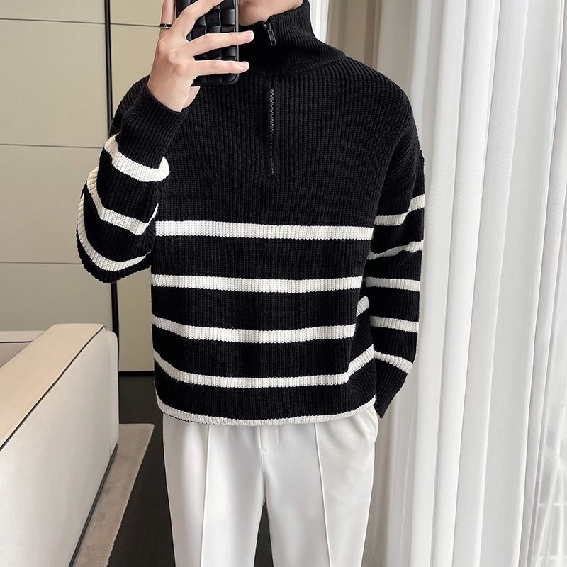 Maglione a righe con cerniera a collo alto e mezza lunghezza, da uomo, autunno e inverno_voghion.com