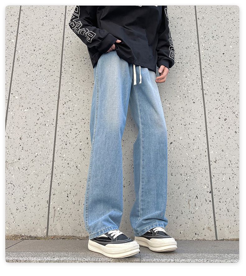 Jean droit bleu clair effet usé pour homme avec taille élastique – Pantalon ample surdimensionné pour hommes de grande taille (190 cm et plus)_voghion.com