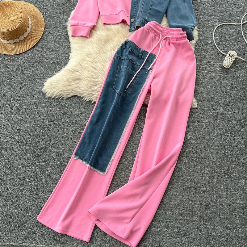 Casual Suit For Women Fashionable Design Splicing Hooded Sweatshirt High Waist Denim Splicing Wide Leg Pants Two Piece Set_voghion.com