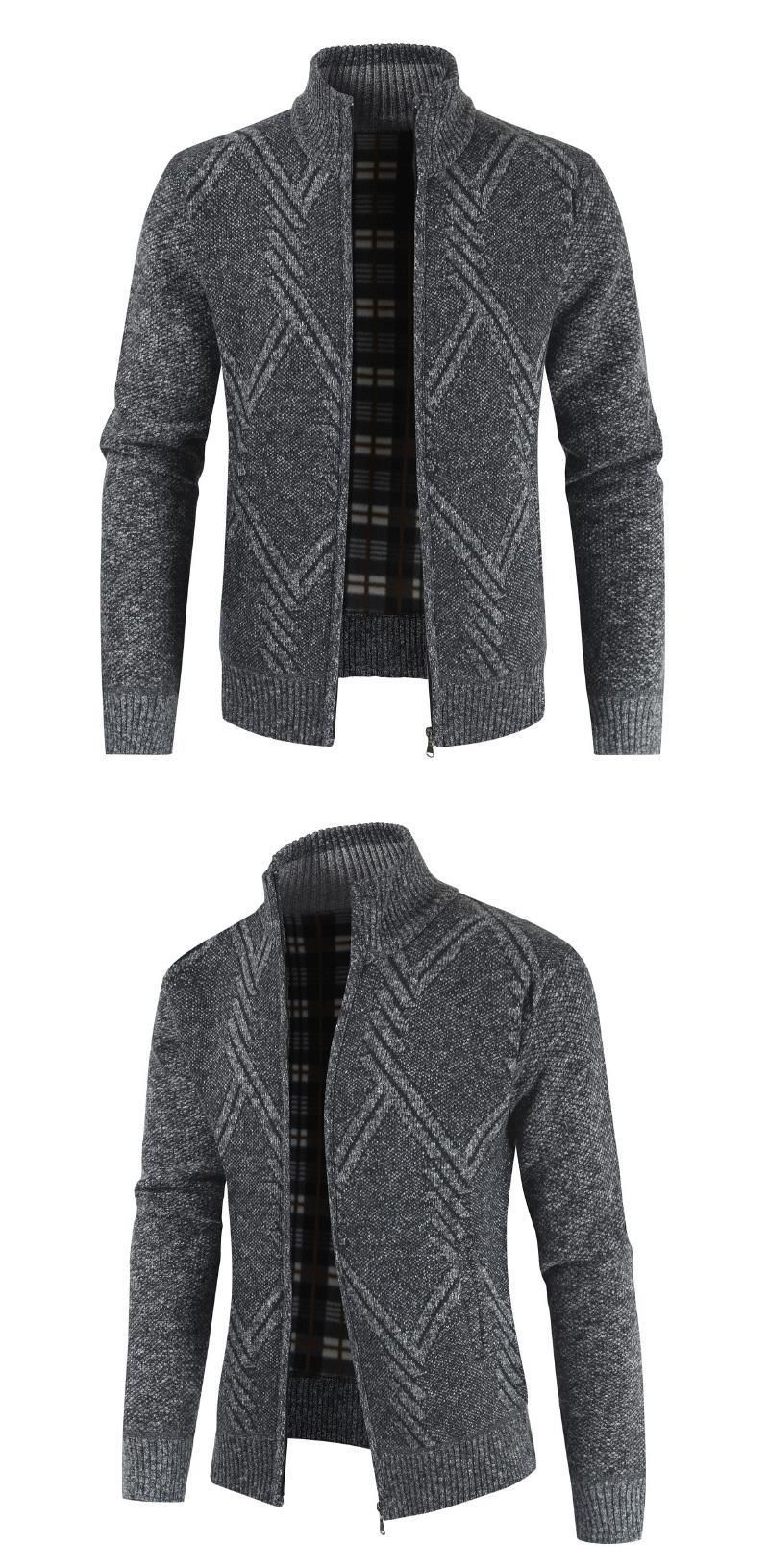 Men's slim fit stand up collar, thickened velvet geometric shape knitted sweater, plus size cardigan jacket_voghion.com