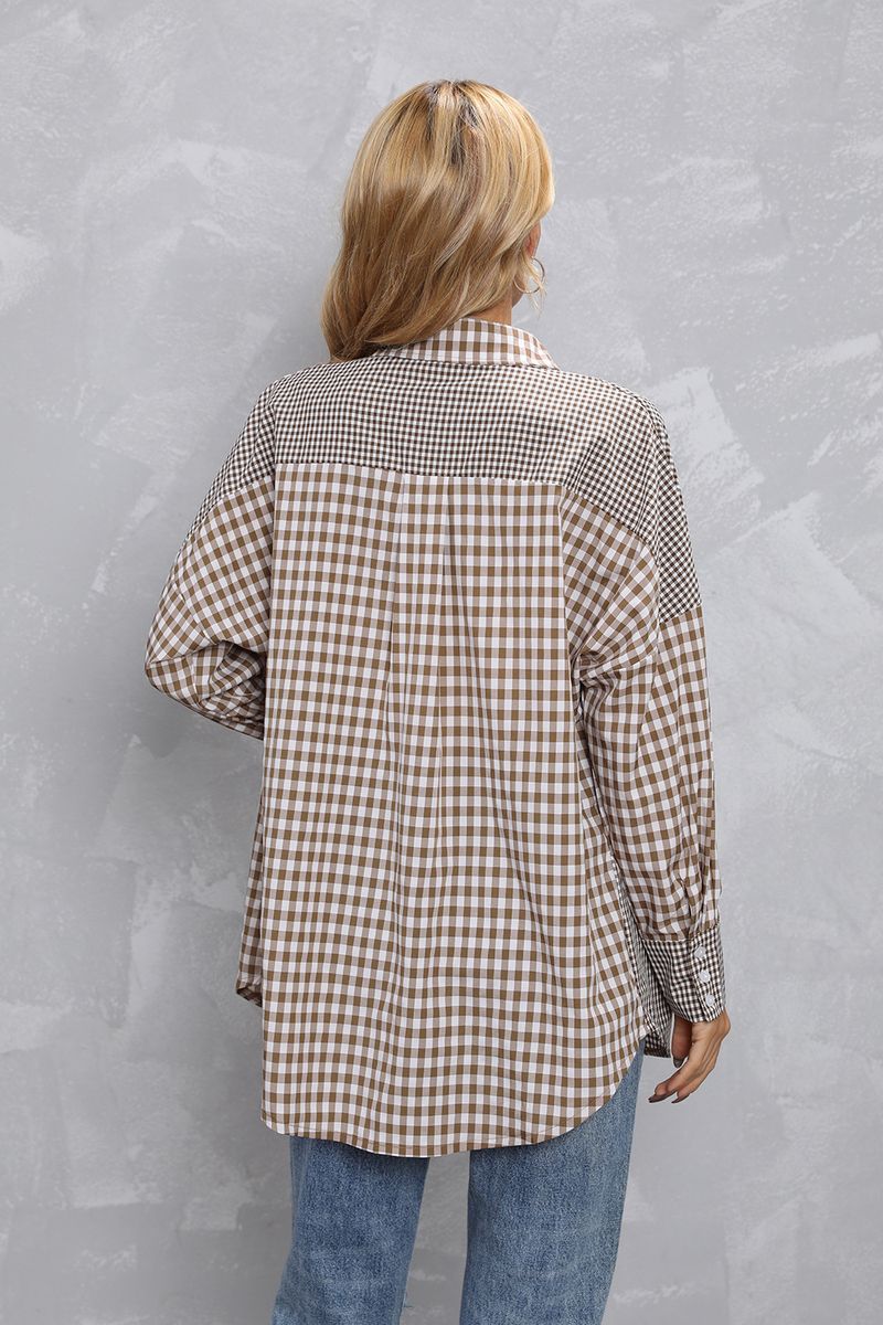 Damen Top Revers Plaid Farblich passendes lockeres Freizeithemd_voghion.com