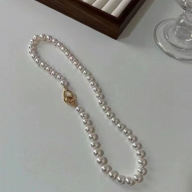 Double-ring buckle Shijia pearl necklace, round, strong light, really multi-linen sweater chain, light luxury retro niche neck chain, clavicle chain_voghion.com