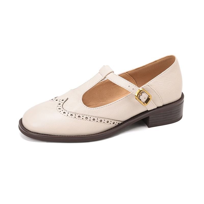 Mary Jane For Women 2025 New Soft Leather Brogue British Style Loafers Chunky Heel Single Shoes_voghion.com