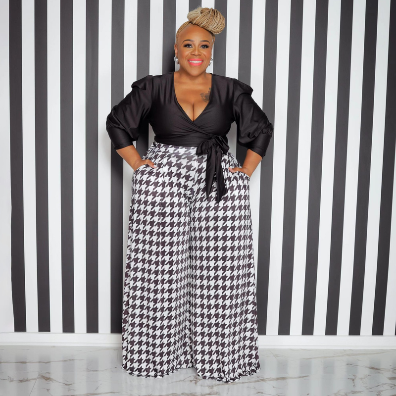 Damkläder heta stil nya houndstooth plus size breda ben byxor damunderdel_voghion.com