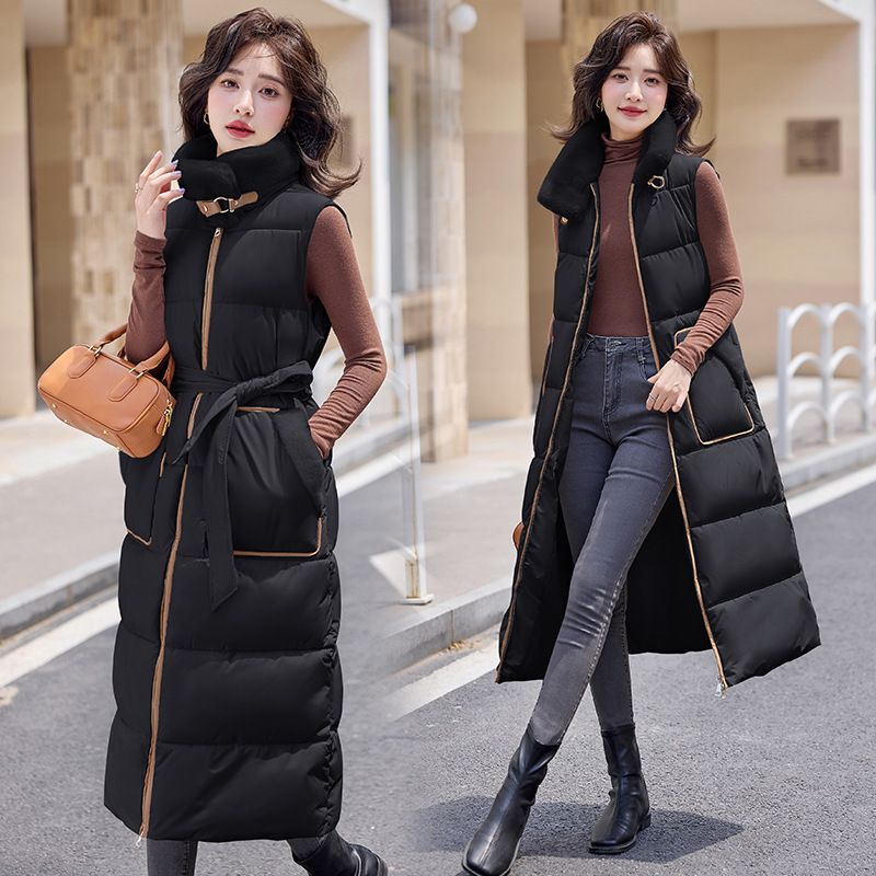 Gilet long sans manches à capuche pour femme, fermeture éclair réversible, taille cintrée, doudoune matelassée légère pour le travail et les loisirs._voghion.com