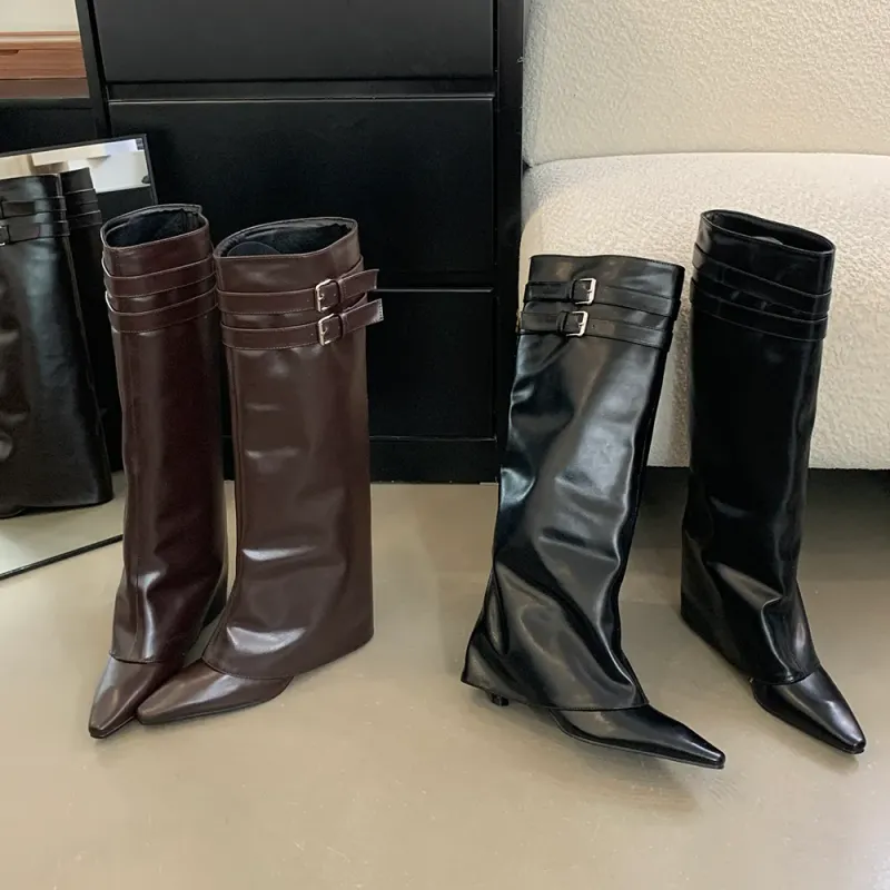Spitzschuh Damen Winterstiefel Keil High Heels Gürtelschnalle Schwarz Braun PU Leder Botas Fashion Abendschuhe Frau 39_voghion.com