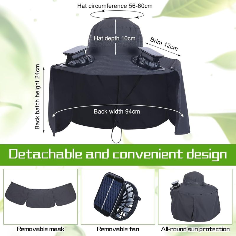 Cappello da pescatore a tesa larga Chuarry con 2 ventole, alimentato a energia solare, con ricarica USB e patta per il collo, per uomo e donna_voghion.com