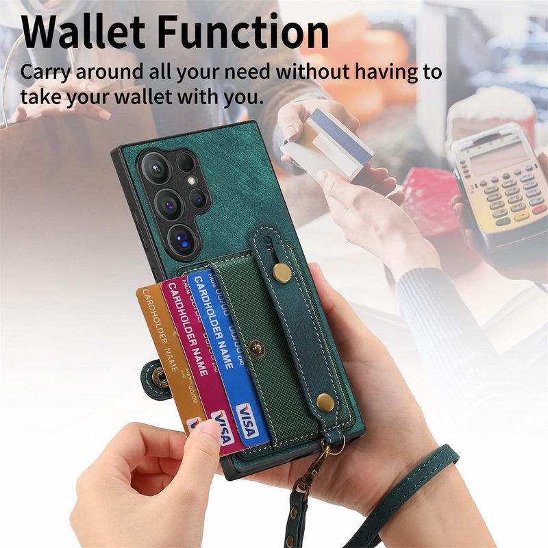 TechGlobe Cross-Border Suitable For Samsung S25 Ultra Retro Wrist Strap Phone PU Leather Card Slot Coin Protective Case_voghion.com