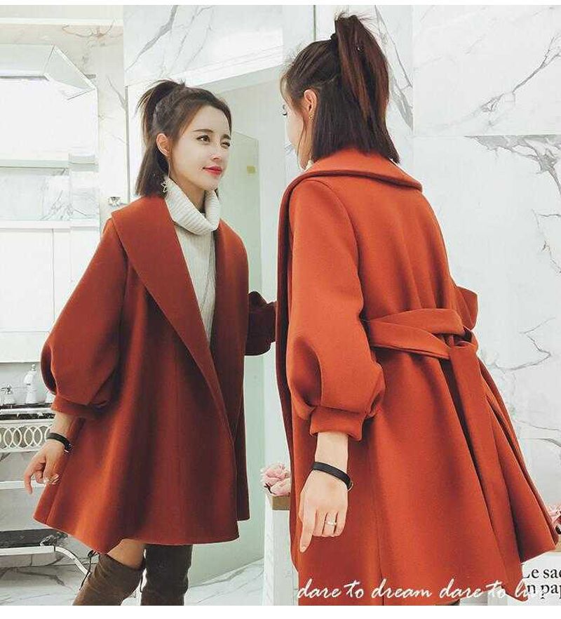 Langer Wollmantel für Damen – Übergroßer Trenchcoat mit Laternenärmeln im koreanischen Stil für kleine und normale Größen, warme Winteroberbekleidung in Schwarz und Karamell_voghion.com