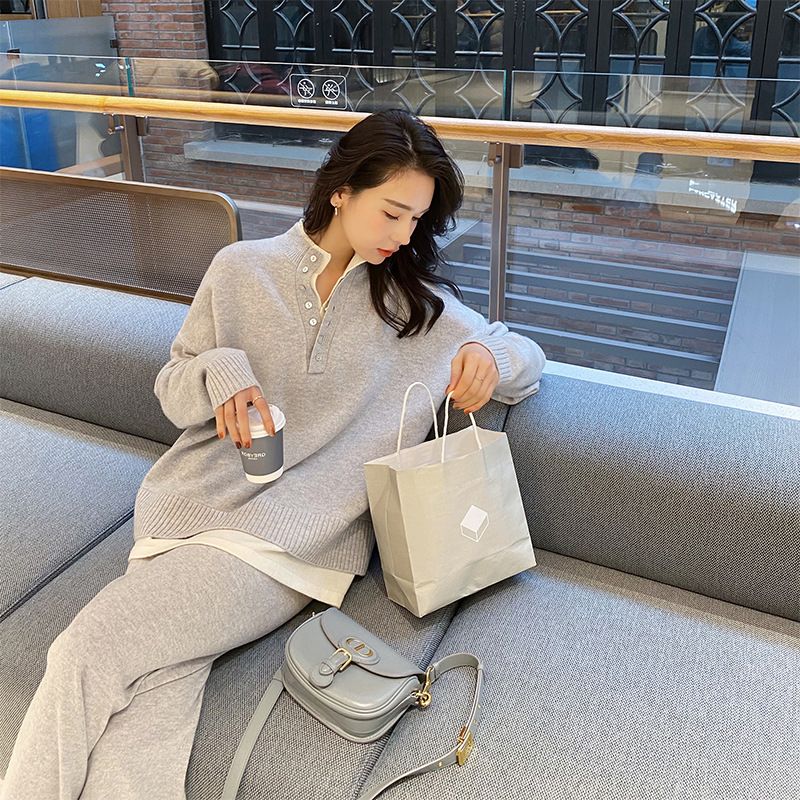 Trendy Youthful Sports Outfit 2025 Spring Autumn Women's Knitted Sweater Wide-Leg Pants Casual Two-Piece Set_voghion.com