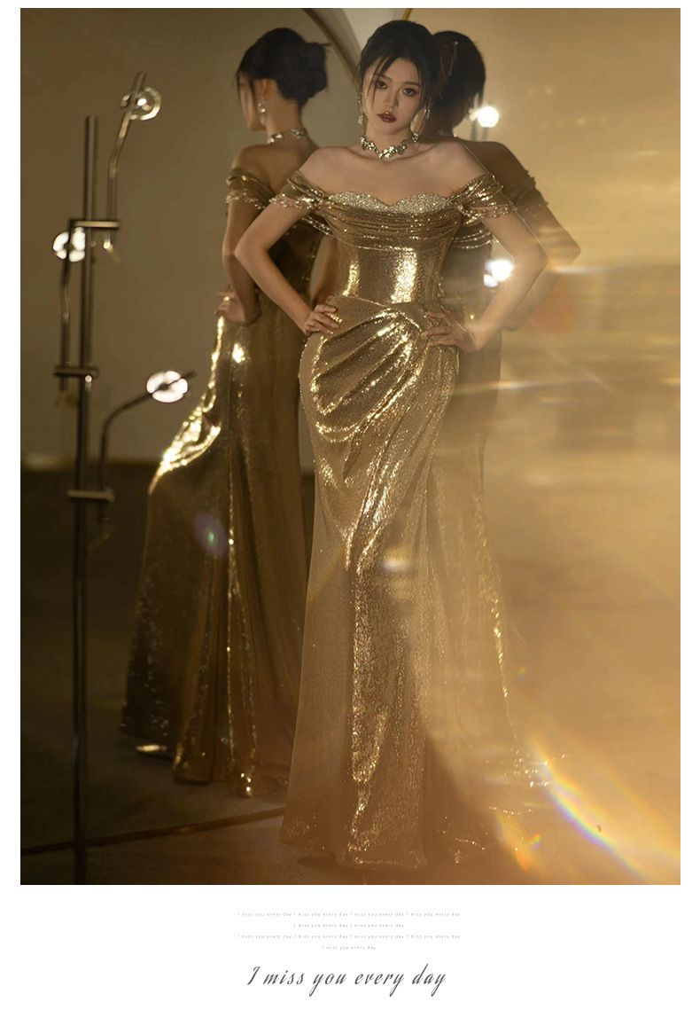 Hochwertiges Paillettenkleid für Damenbekleidung, Toastkleid mit One-Shoulder-Tube-Top, Fischschwanzrock für die Braut mit kleiner Schleppe_voghion.com