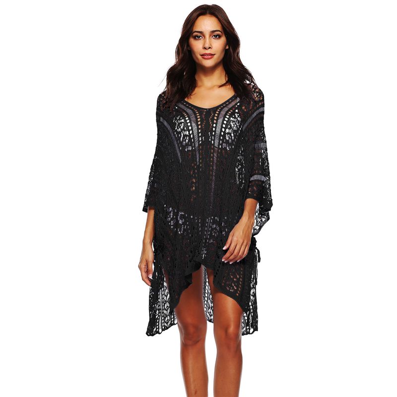 K Lazy Style Bikini Cover-up met V-hals en Bohemian Crochet Mesh-zonbeschermingscrème met vetersluiting._voghion.com
