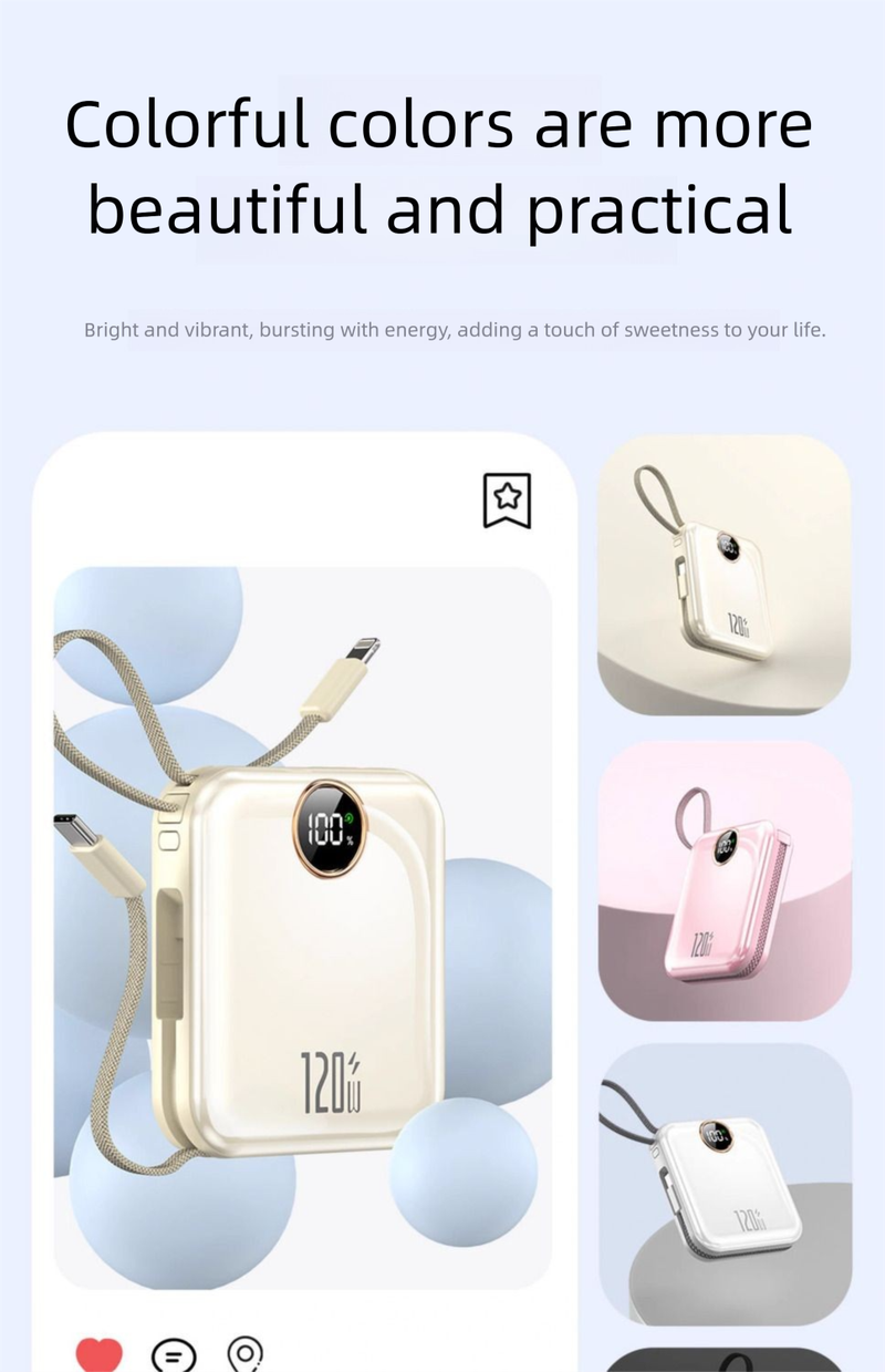 Mini 120W Power Bank Super Fast Charging 20000mAh Large Capacity Built-in Cable Compatible With IPhone Huawei Android_voghion.com