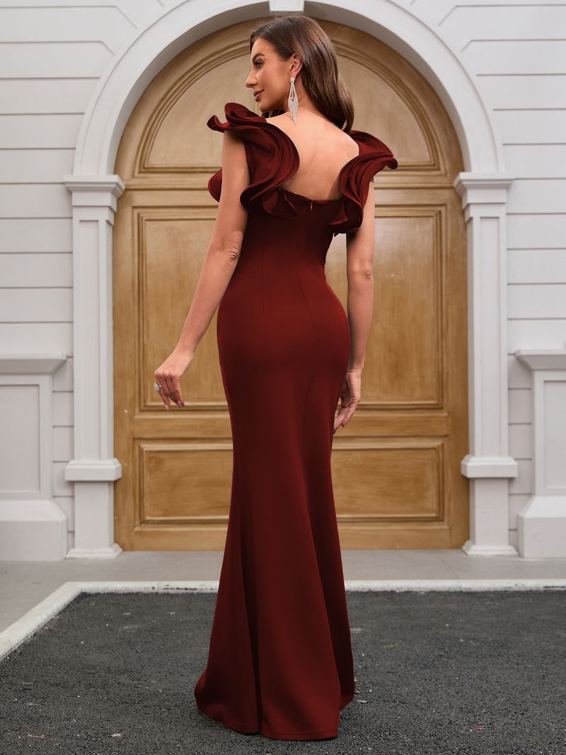 Elegant Satin Evening Gown With Flutter Sleeves Stunning Emerald Green & Wine Red Formal Dress For Galas & Parties ( Slim Fit With Waist Draping)_voghion.com