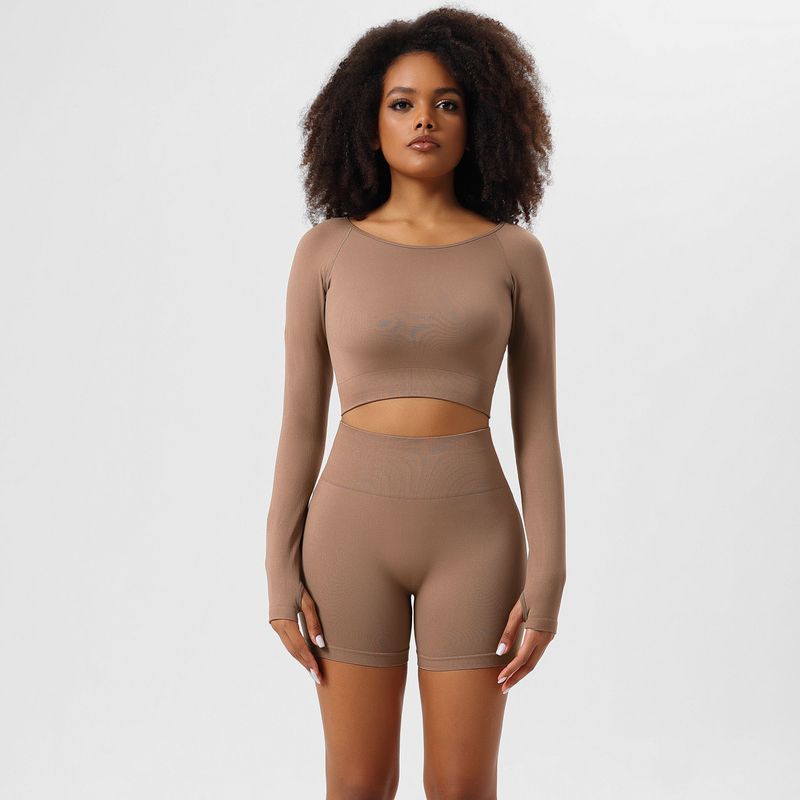 Yogatøj Efterårsdragt Sømløse yogabukser sportstoppe yogatop lange ærmer tredelt fitnesstøj_voghion.com