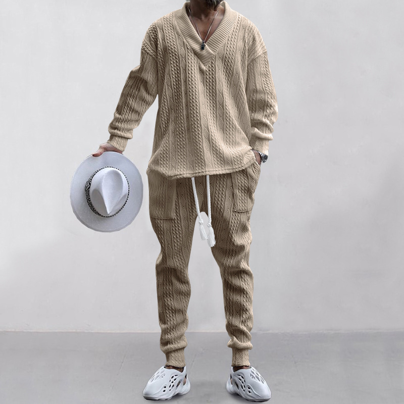 Conjunto de sudadera y jogger de jacquard con cuello en V para hombre: prenda deportiva informal de punto para otoño/invierno, ropa cómoda para estar en casa (tallas S-XXXL)_voghion.com