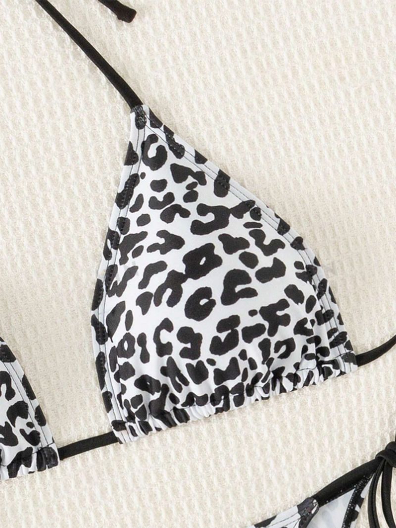 Women's Clothing Sexy Backless Swimsuit Women's Leopard Print Three Point Bikini Drawstring Swimsuit_voghion.com