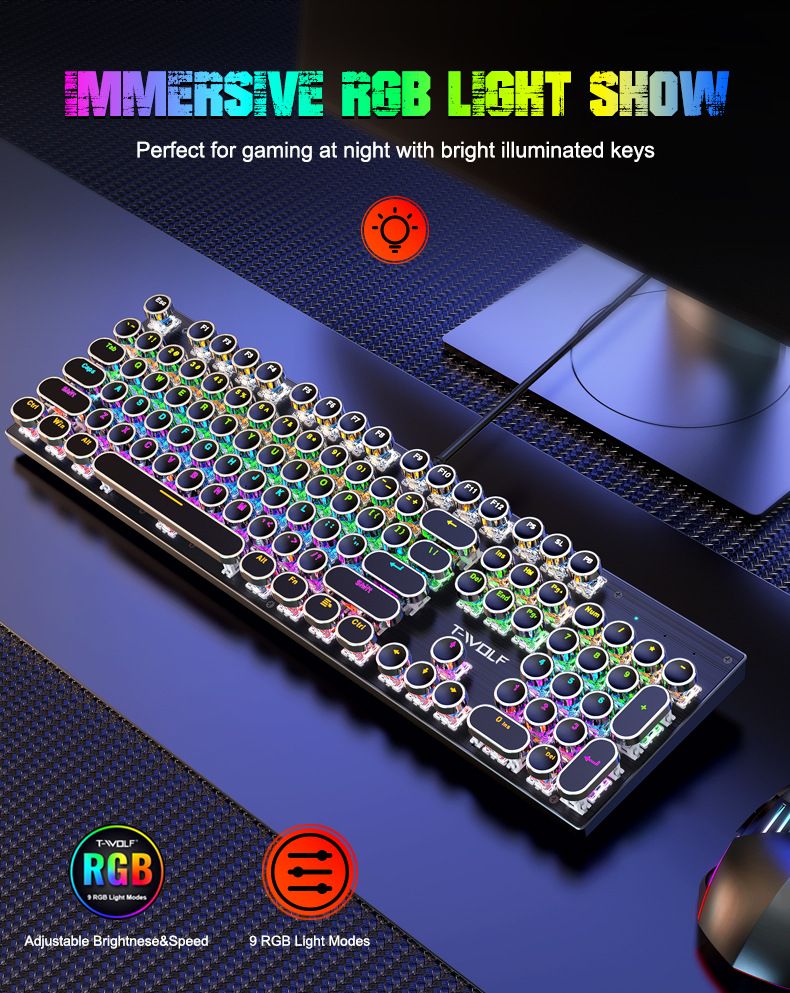 YT75 Mechanical Keyboard Gaming Metal Panel Punk Round Keyboard Russian Korean_voghion.com
